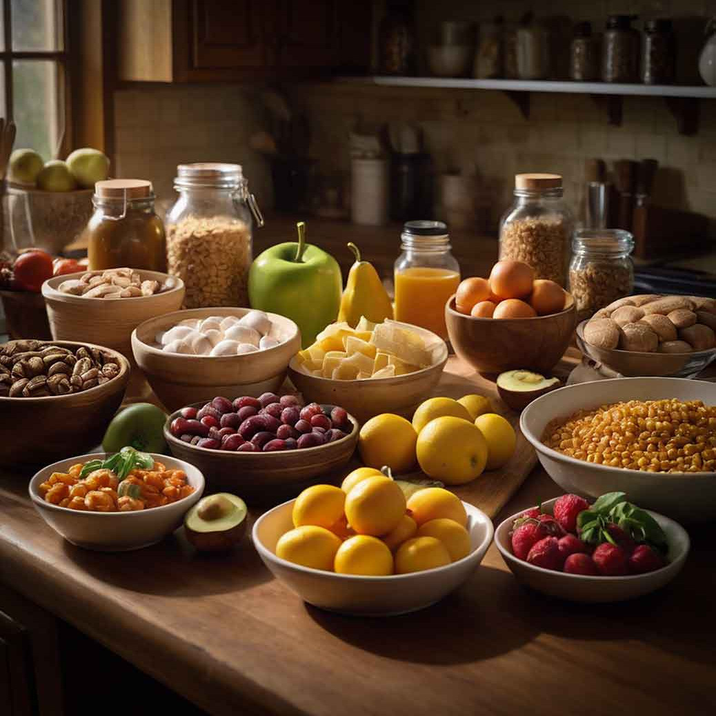 Foto von Obst, Gem&uuml;se und Getreide in Schalen auf einem Tisch.
