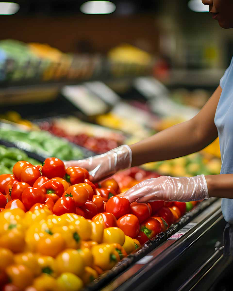 Frau an einem Obst- und Gem&uuml;sestand.